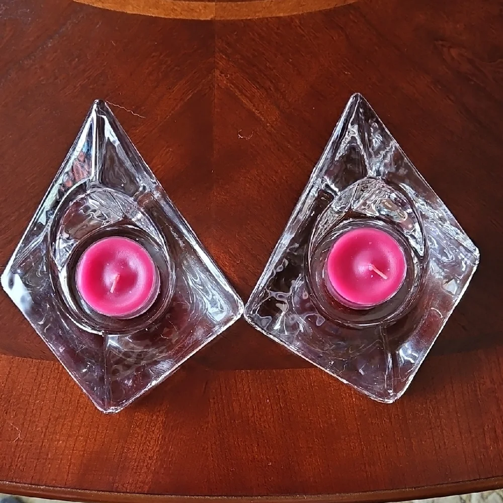 Vintage Nybro Sweden Crystal Pyramid Candle Holders Votive Pair MCM Art Glass